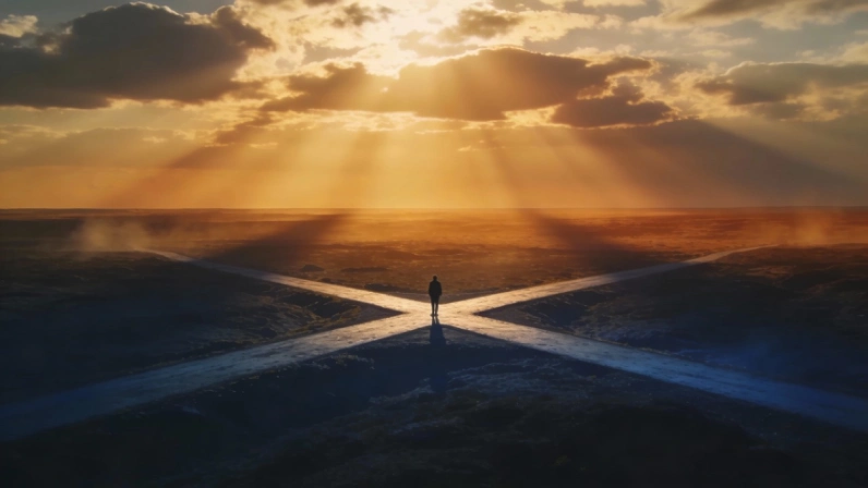 A lone figure standing at a crossroads at sunset, facing four paths with no one else present, symbolizing integrity and personal choice.