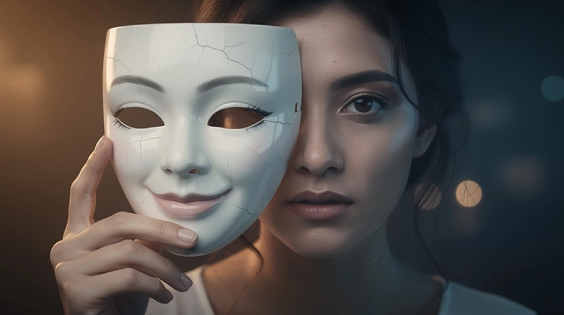 A cracked white mask held in front of a woman's face, her real expression calm and unguarded behind it, symbolizing the gap between the standards we perform and the ones we actually hold.